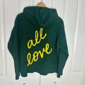 Aerie Marshmallow "All Love" teddy hoodie in forest green with yellow script